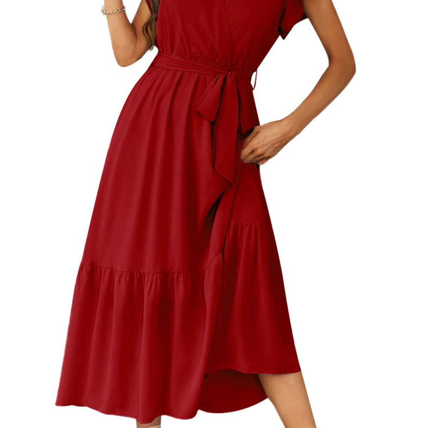 PRETTYGARDEN Women's 2024 Floral Boho Dress Wrap V Neck Short Sleeve Belted Ruffle Hem A-Line Flowy Maxi Dresses