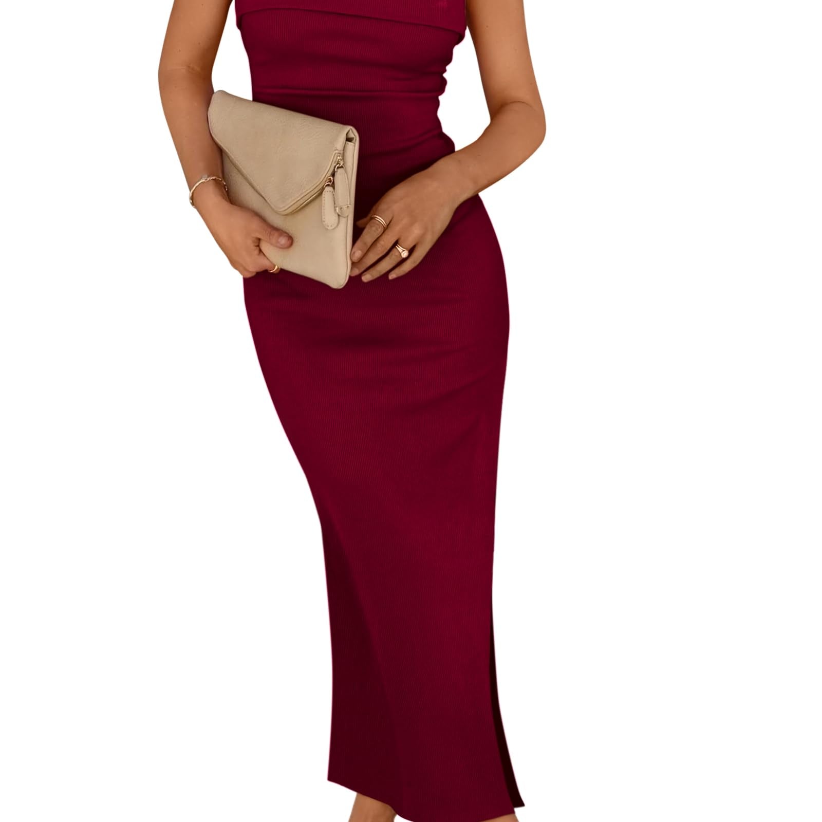 PRETTYGARDEN Women's Summer Bodycon Maxi Tube Dress Ribbed Strapless Side Slit Long Going Out Casual Elegant Party Dresses