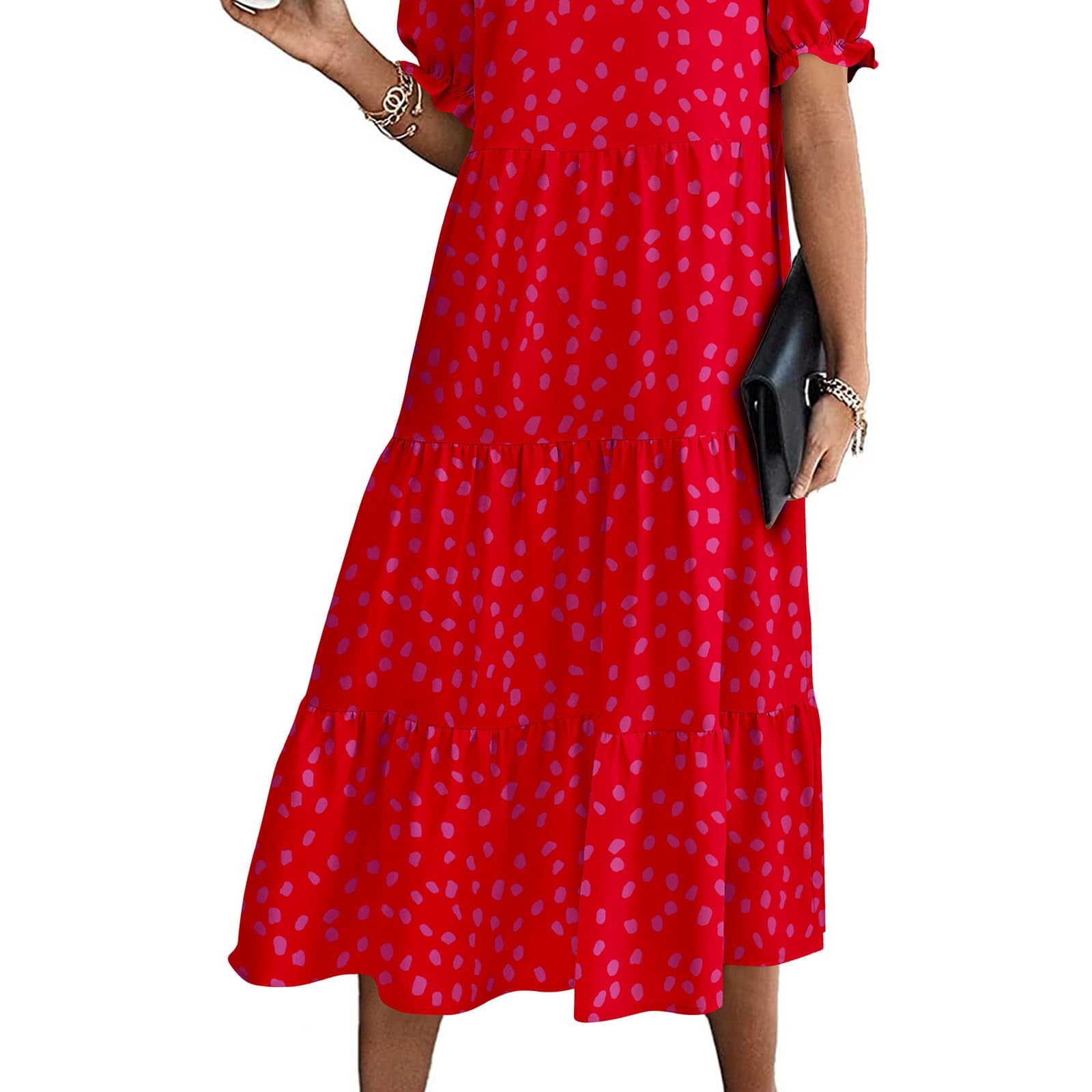 PRETTYGARDEN Women's Summer Casual Boho Dress Floral Print Ruffle Puff Sleeve High Waist Midi Beach Dresses
