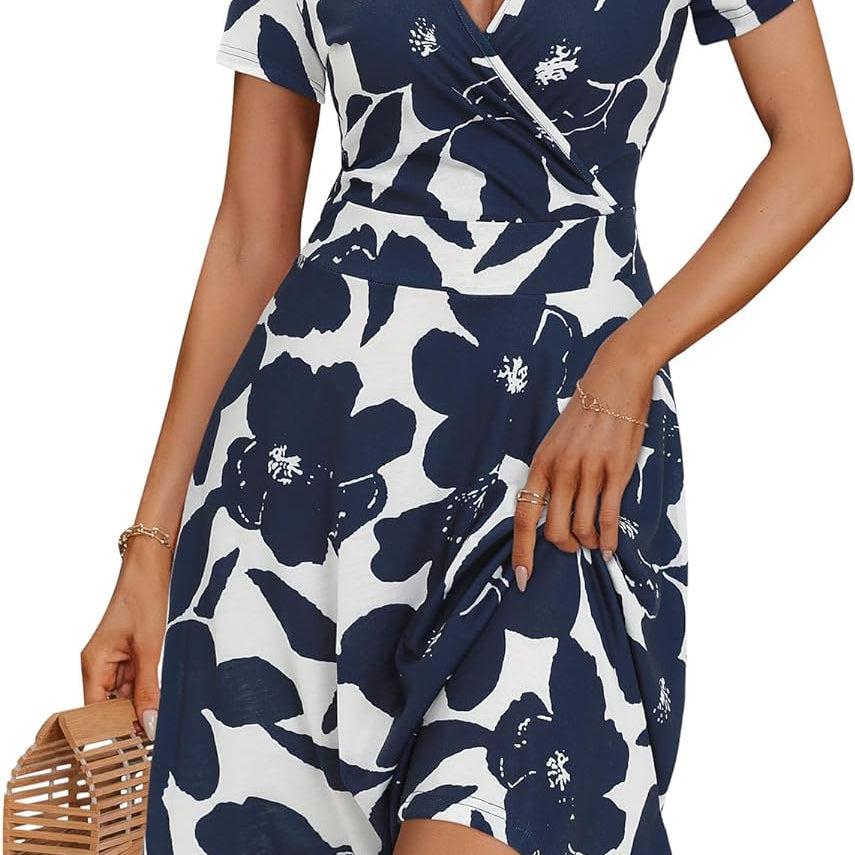 MSBASIC Summer Dresses for Women 2024 Short Sleeve V Neck Wrap Dress Casual Midi Sundresses