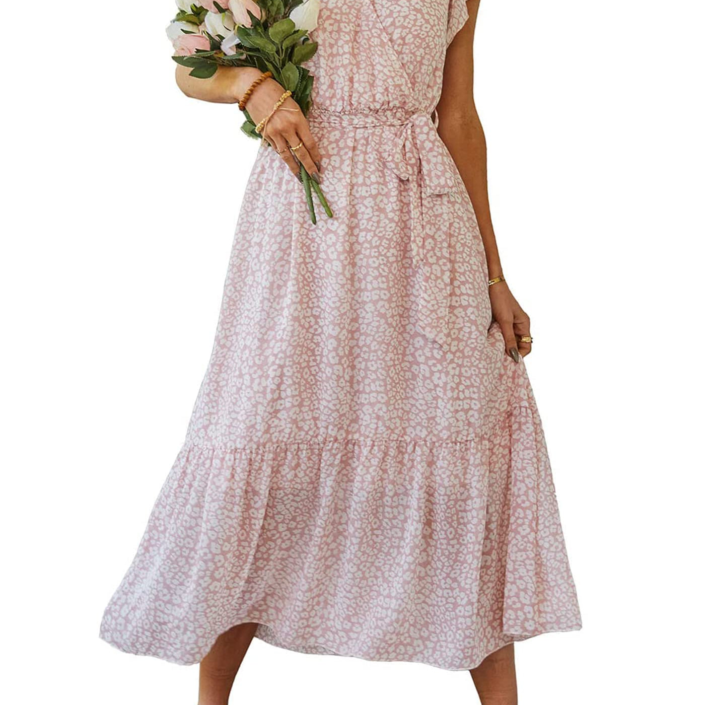 PRETTYGARDEN Women's 2024 Floral Boho Dress Wrap V Neck Short Sleeve Belted Ruffle Hem A-Line Flowy Maxi Dresses