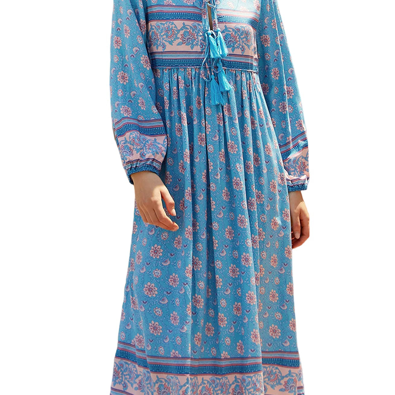 R.Vivimos Women's Long Sleeve Floral Print Retro V Neck Tassel Bohemian Midi Dresses