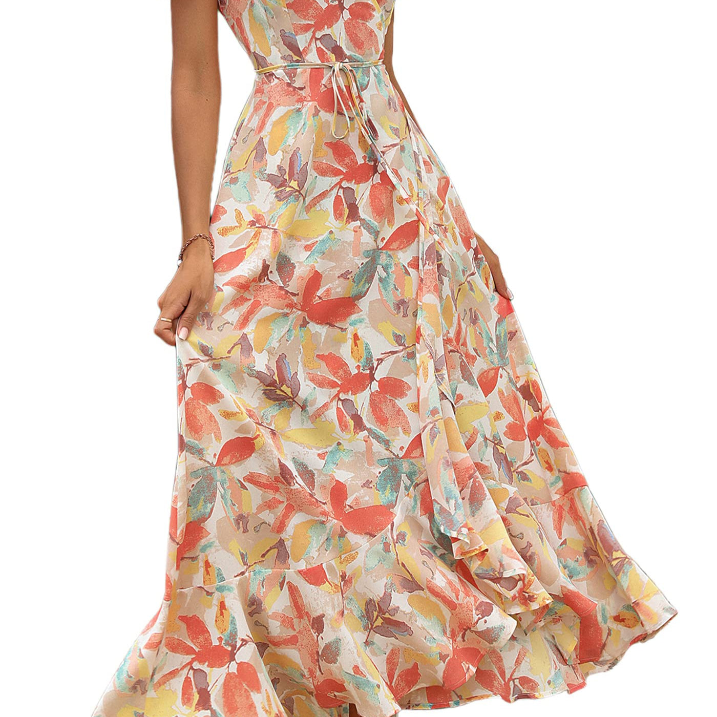 PRETTYGARDEN Women's Summer Wrap Maxi Dress Casual Boho Floral V Neck Short Sleeve Ruffle Hem Split Beach Long Dresses