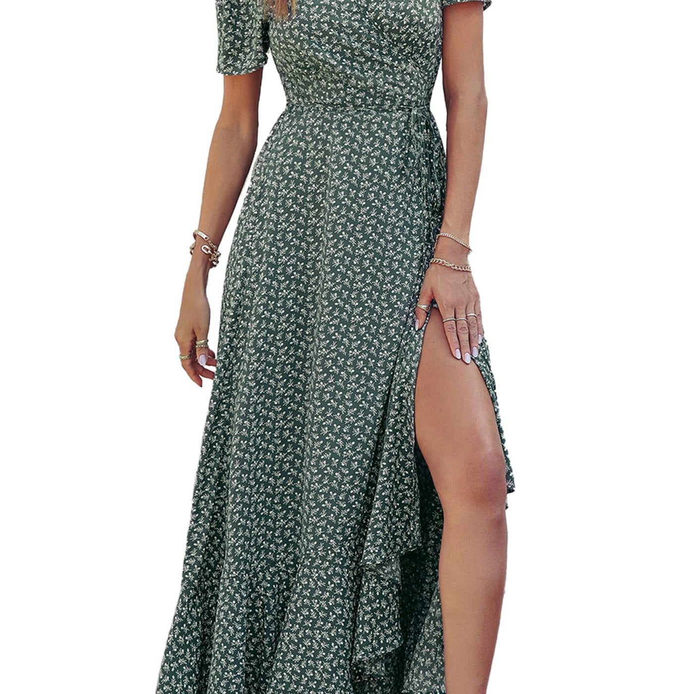 PRETTYGARDEN Women's Summer Wrap Maxi Dress Casual Boho Floral V Neck Short Sleeve Ruffle Hem Split Beach Long Dresses