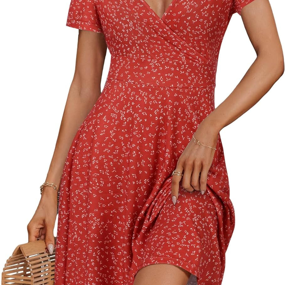 MSBASIC Summer Dresses for Women 2024 Short Sleeve V Neck Wrap Dress Casual Midi Sundresses