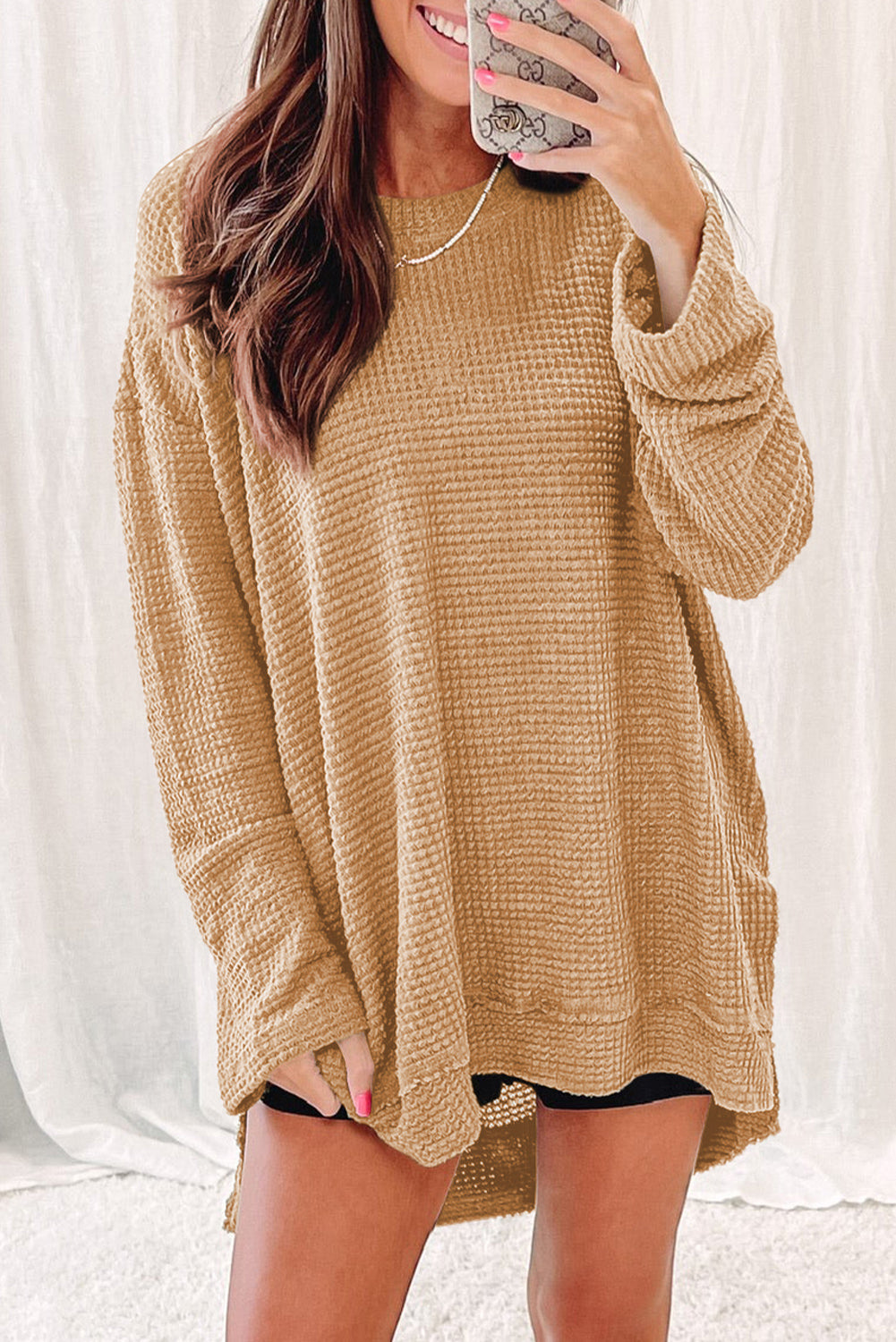 Waffle-Knit Round Neck Long Sleeve Sweatshirt - Guy Christopher 