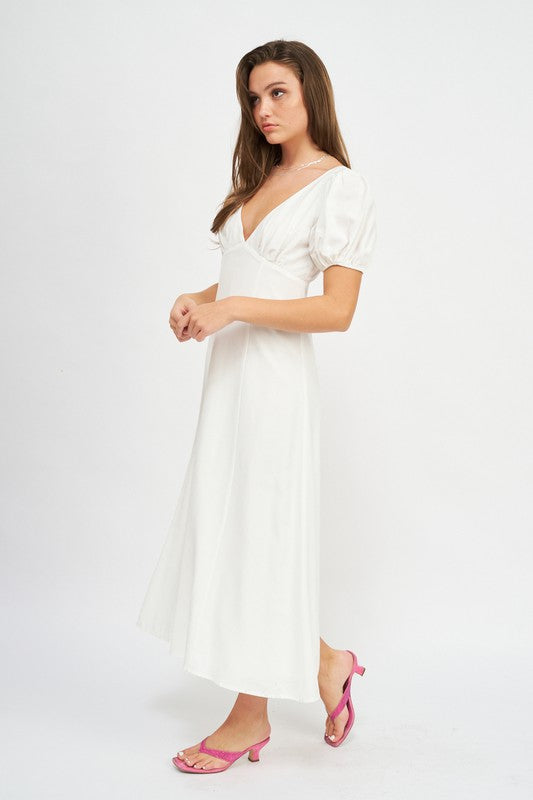 V NECK MAXI DRESS WITH PUFF SLEEVES - Guy Christopher 