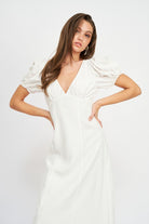 V NECK MAXI DRESS WITH PUFF SLEEVES - Guy Christopher 