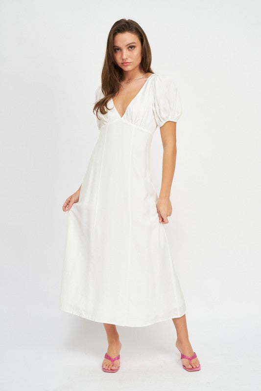 V NECK MAXI DRESS WITH PUFF SLEEVES - Guy Christopher 