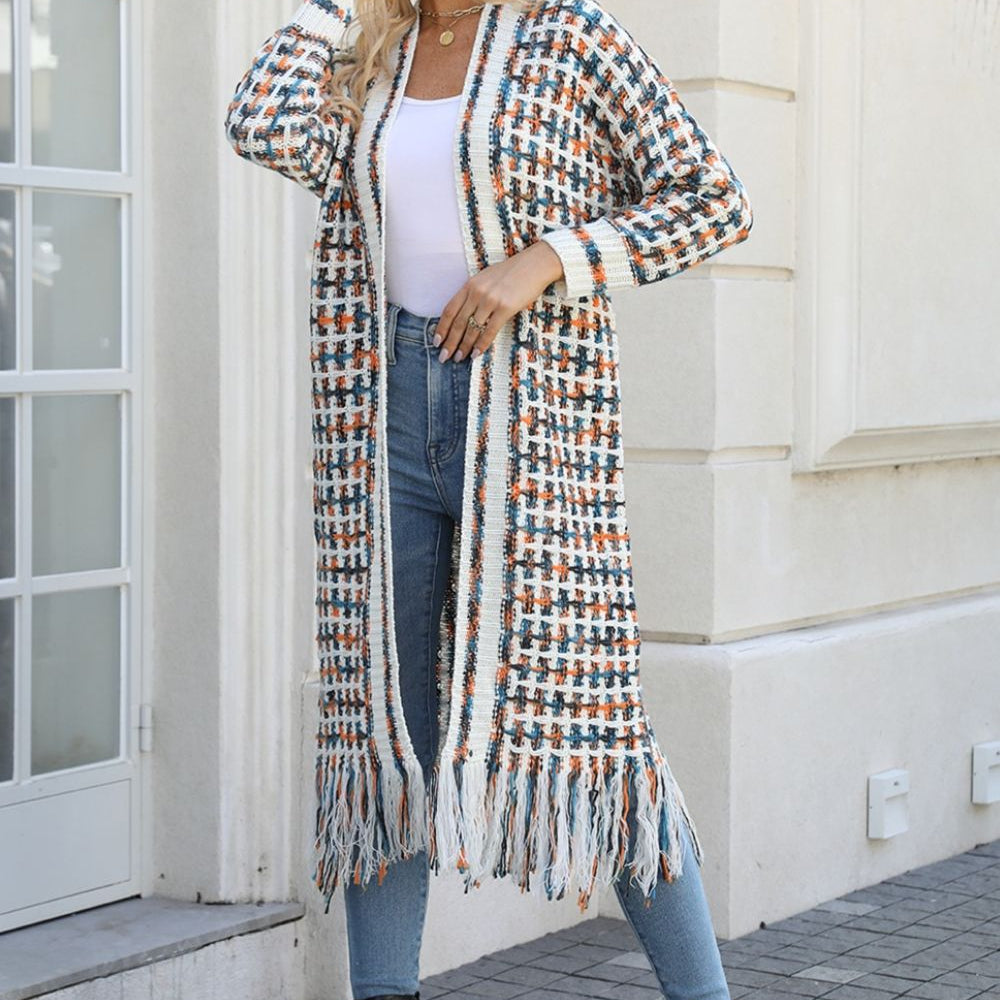 "Multicolored Open Front Fringe Hem Cardigan - A Garden of Romance at Your Fingertips - Elevate Your Style with Vibrant Colors"