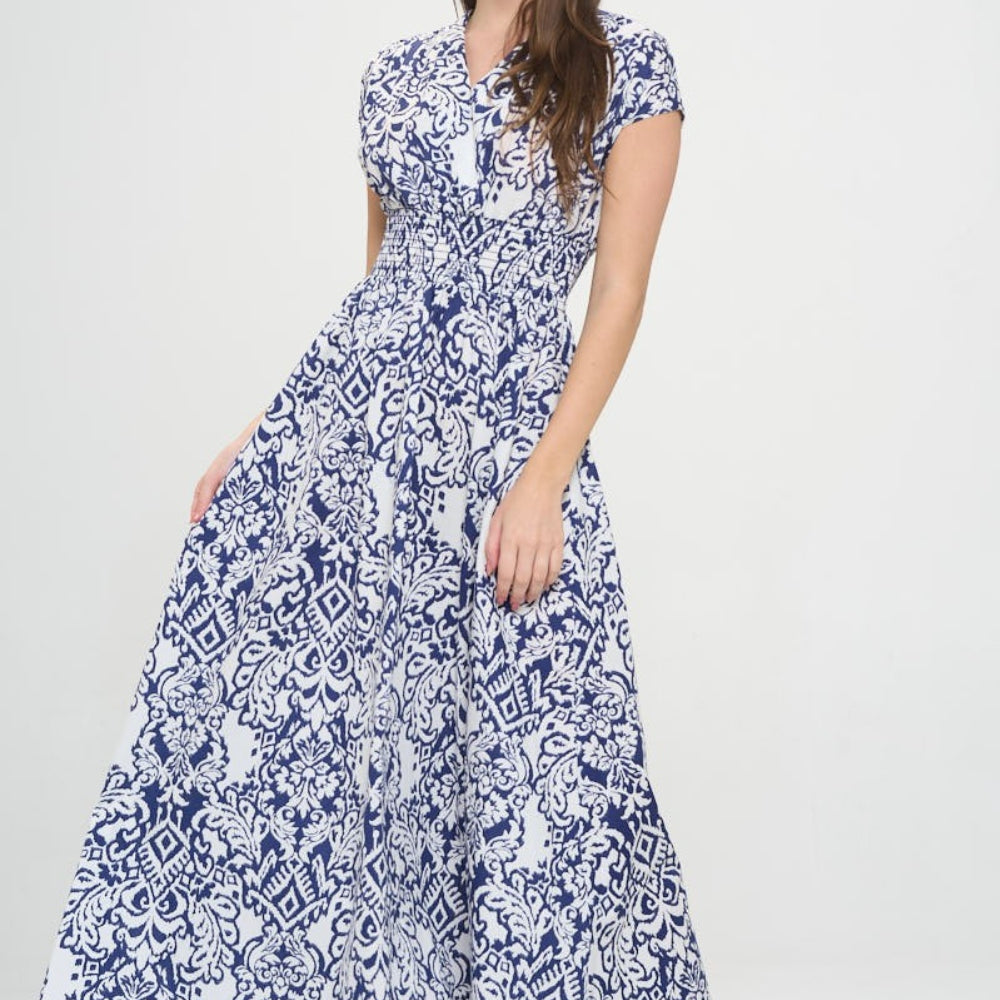 RENEE C Printed Smocked Waist Maxi Dress