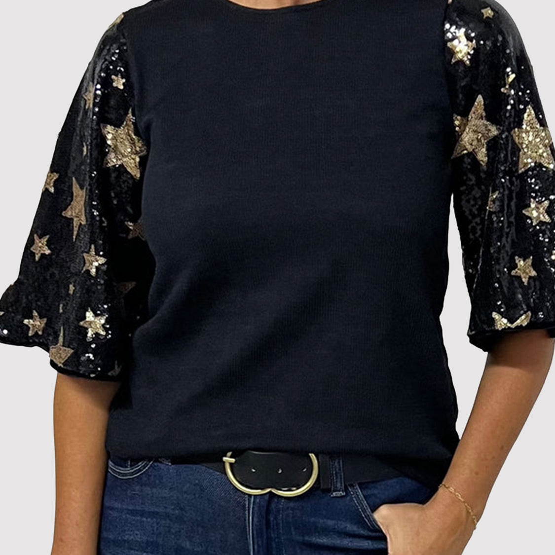 Sequin Round Neck Half Sleeve Blouse