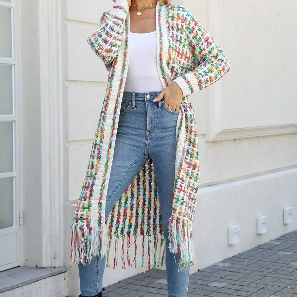 "Multicolored Open Front Fringe Hem Cardigan - A Garden of Romance at Your Fingertips - Elevate Your Style with Vibrant Colors"