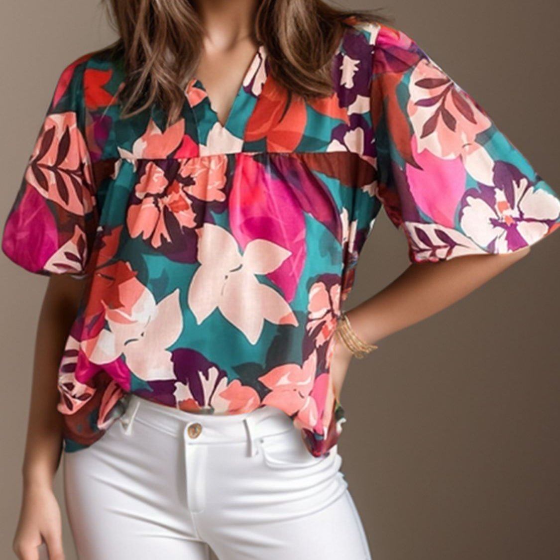 Printed Notched Puff Sleeve Blouse