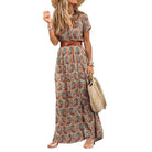 HOT SALE!! Boho Women V Neck Short Sleeve Paisley Print Belt Large Hem Beach Long Dress print dress summer beach dress with belt - Guy Christopher 