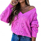 Women Autumn Winter Love Heart Hollow Crochet Sweater Loose V Neck Long Sleeve Casual Knitwear Jumper Rose Red/Pink/Khaki/White - Guy Christopher 