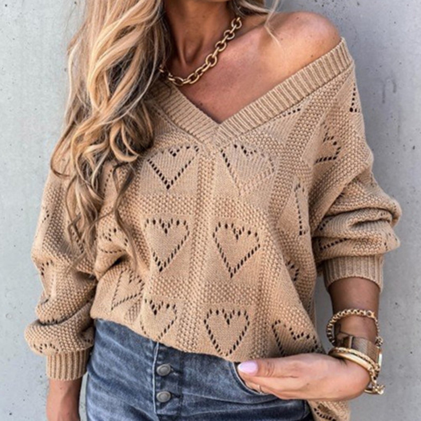 Women Autumn Winter Love Heart Hollow Crochet Sweater Loose V Neck Long Sleeve Casual Knitwear Jumper Rose Red/Pink/Khaki/White - Guy Christopher 