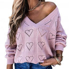 Women Autumn Winter Love Heart Hollow Crochet Sweater Loose V Neck Long Sleeve Casual Knitwear Jumper Rose Red/Pink/Khaki/White - Guy Christopher 