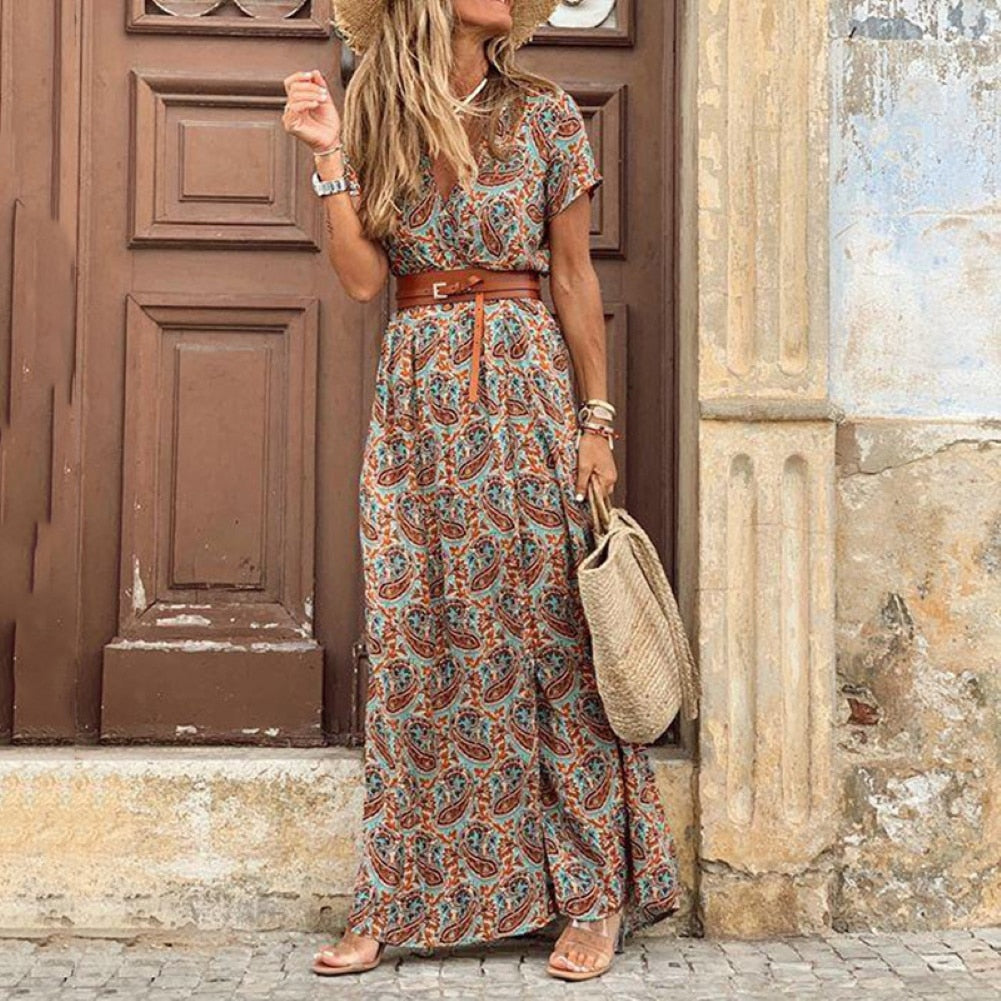 HOT SALE!! Boho Women V Neck Short Sleeve Paisley Print Belt Large Hem Beach Long Dress print dress summer beach dress with belt - Guy Christopher 