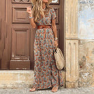 HOT SALE!! Boho Women V Neck Short Sleeve Paisley Print Belt Large Hem Beach Long Dress print dress summer beach dress with belt - Guy Christopher 