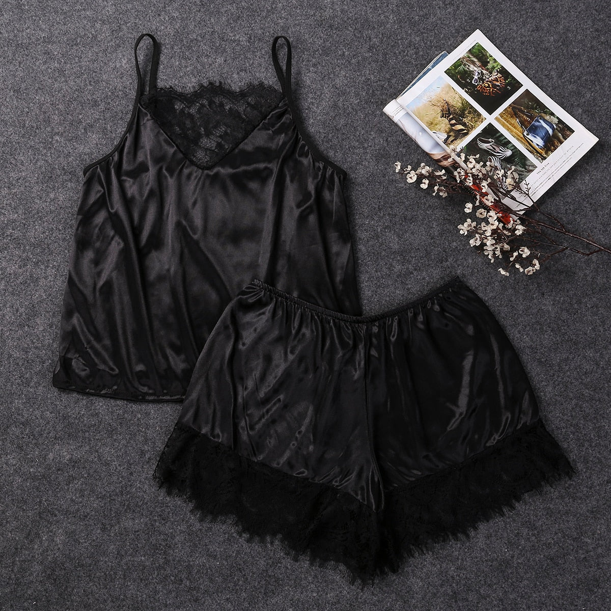 Women Sleepwear Satin Sexy  Lace Pajamas Set Female Elegant Sleeveless Top and Shorts Night Suit Pj Set Underwear - Guy Christopher 