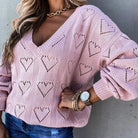 Women Autumn Winter Love Heart Hollow Crochet Sweater Loose V Neck Long Sleeve Casual Knitwear Jumper Rose Red/Pink/Khaki/White - Guy Christopher 