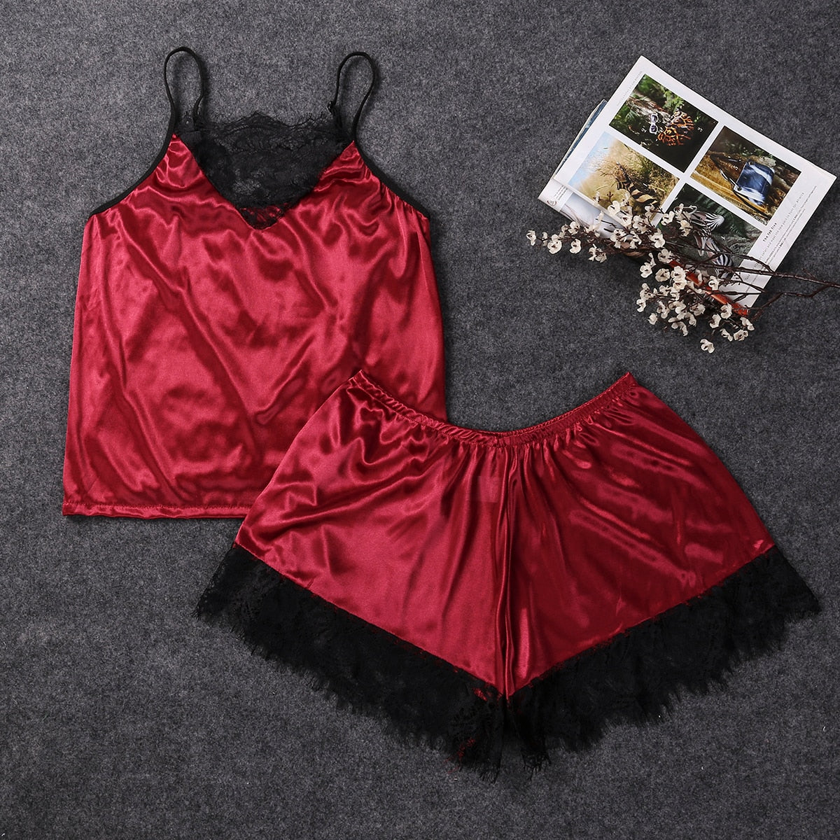 Women Sleepwear Satin Sexy  Lace Pajamas Set Female Elegant Sleeveless Top and Shorts Night Suit Pj Set Underwear - Guy Christopher 