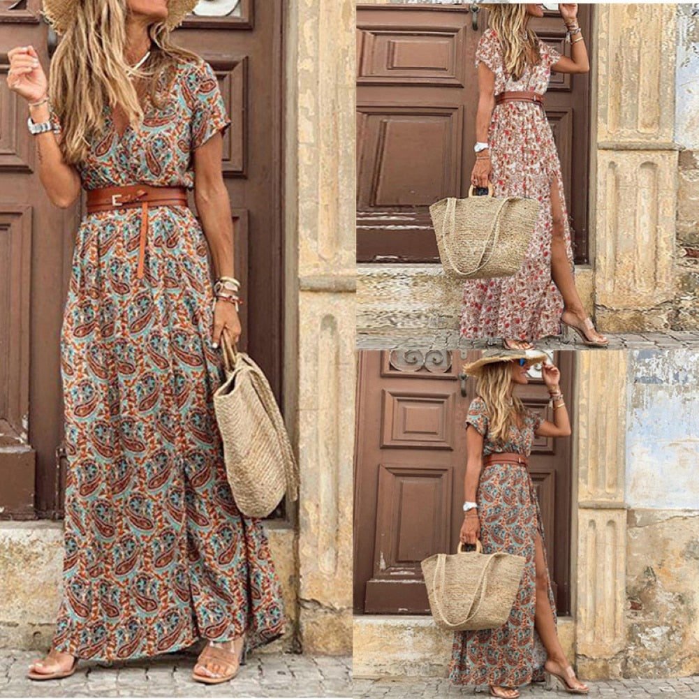 HOT SALE!! Boho Women V Neck Short Sleeve Paisley Print Belt Large Hem Beach Long Dress print dress summer beach dress with belt - Guy Christopher 