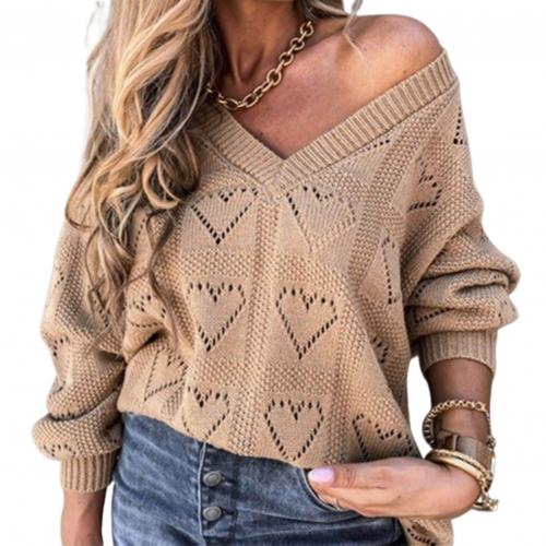 Women Autumn Winter Love Heart Hollow Crochet Sweater Loose V Neck Long Sleeve Casual Knitwear Jumper Rose Red/Pink/Khaki/White - Guy Christopher 