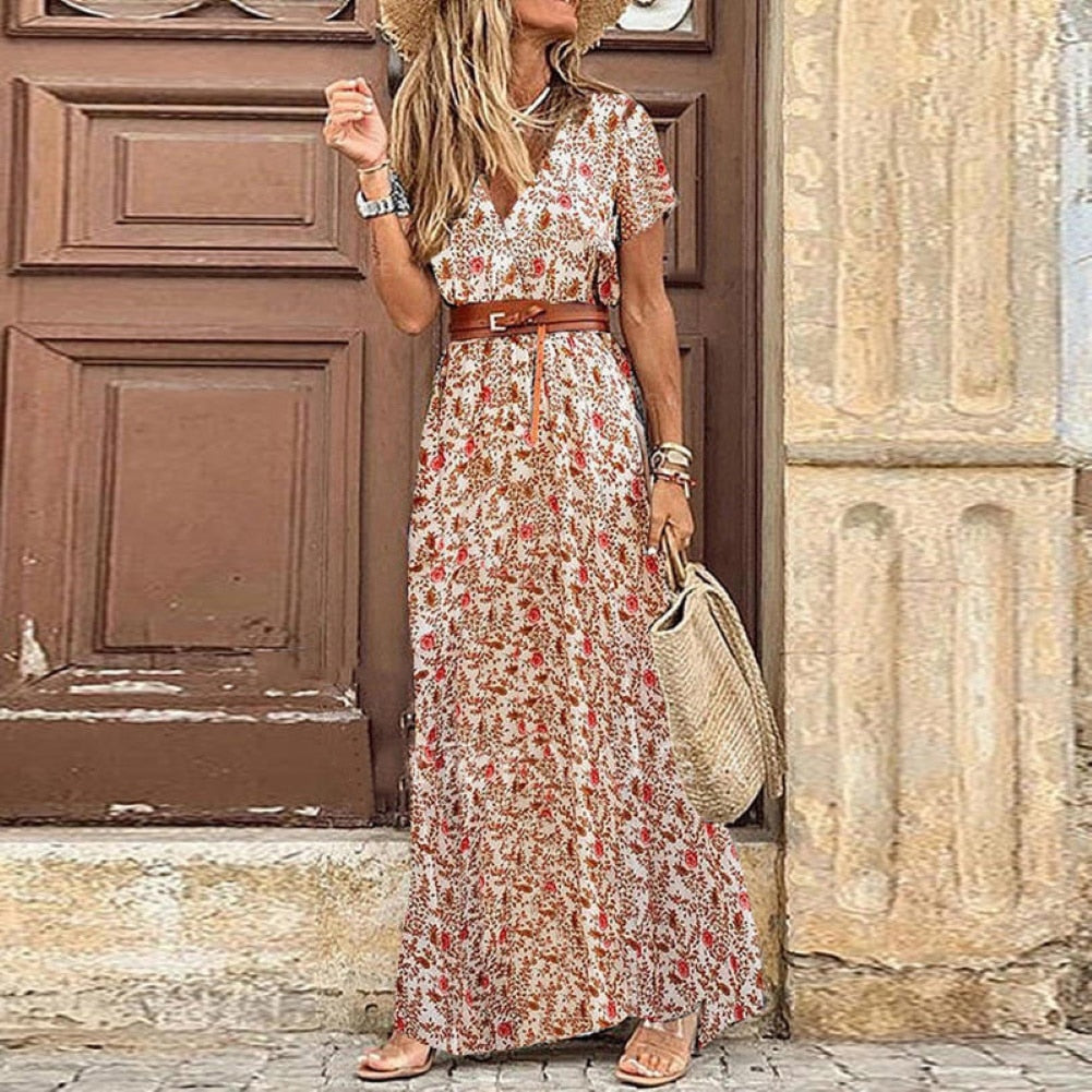 HOT SALE!! Boho Women V Neck Short Sleeve Paisley Print Belt Large Hem Beach Long Dress print dress summer beach dress with belt - Guy Christopher 