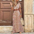 HOT SALE!! Boho Women V Neck Short Sleeve Paisley Print Belt Large Hem Beach Long Dress print dress summer beach dress with belt - Guy Christopher 