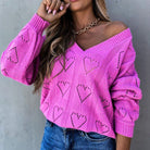 Women Autumn Winter Love Heart Hollow Crochet Sweater Loose V Neck Long Sleeve Casual Knitwear Jumper Rose Red/Pink/Khaki/White - Guy Christopher 