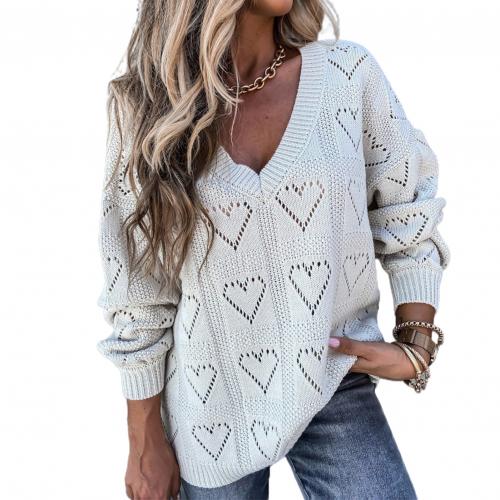 Women Autumn Winter Love Heart Hollow Crochet Sweater Loose V Neck Long Sleeve Casual Knitwear Jumper Rose Red/Pink/Khaki/White - Guy Christopher 