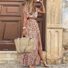 HOT SALE!! Boho Women V Neck Short Sleeve Paisley Print Belt Large Hem Beach Long Dress print dress summer beach dress with belt - Guy Christopher 