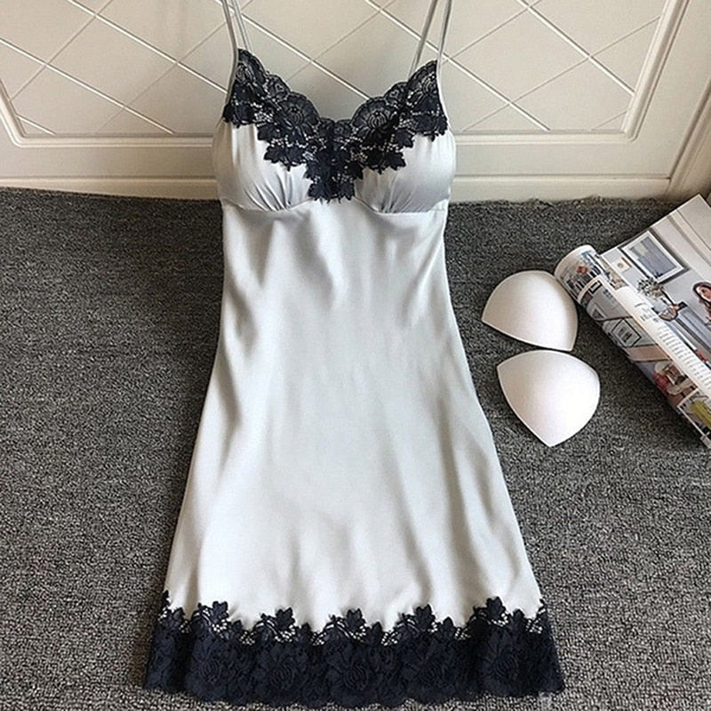 Women's Sexy Lingerie Summer Silk Night Gown Lace Patchwork Mini Night Dress Spaghetti Strap Sleepwear Ladies With Chest Pad - Guy Christopher 