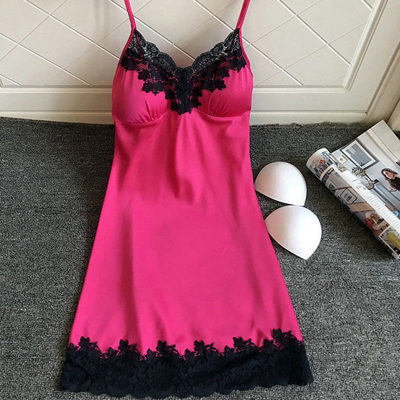 Women's Sexy Lingerie Summer Silk Night Gown Lace Patchwork Mini Night Dress Spaghetti Strap Sleepwear Ladies With Chest Pad - Guy Christopher 