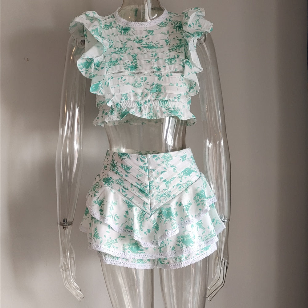 High Quality 2022 Sunday Set elastic waistband Cropped top with ruffle detail and cute ruffle mini shorts skirts - Guy Christopher 