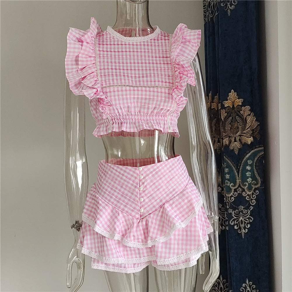 High Quality 2022 Sunday Set elastic waistband Cropped top with ruffle detail and cute ruffle mini shorts skirts - Guy Christopher 