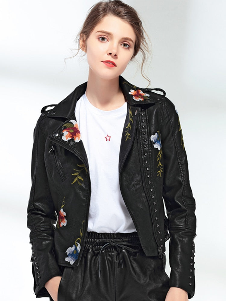 Ftlzz Women Floral Print Embroidery Faux Soft Leather Jacket Coat  Turn-down Collar Casual Pu Motorcycle Black Punk Outerwear - Guy Christopher 