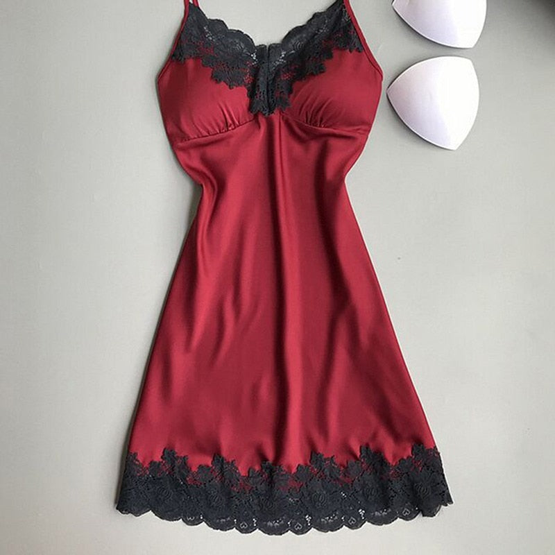 Women's Sexy Lingerie Summer Silk Night Gown Lace Patchwork Mini Night Dress Spaghetti Strap Sleepwear Ladies With Chest Pad - Guy Christopher 