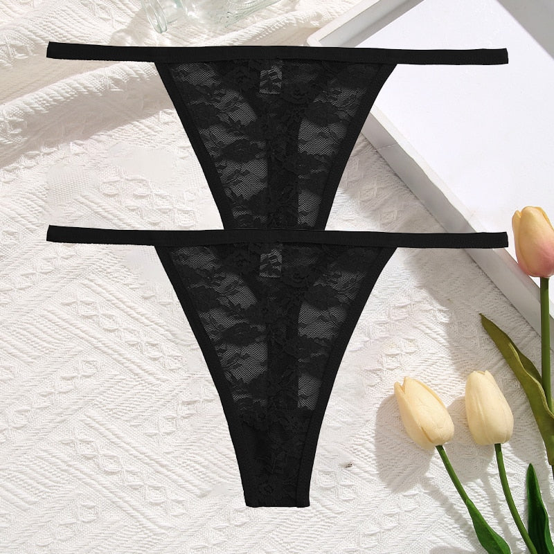 2Pcs/Set Sexy Women Lace Panties Low Waist G-String Underwear Solid Hollow Out Transparent Thong Female Soft Breathable Lingerie - Guy Christopher 