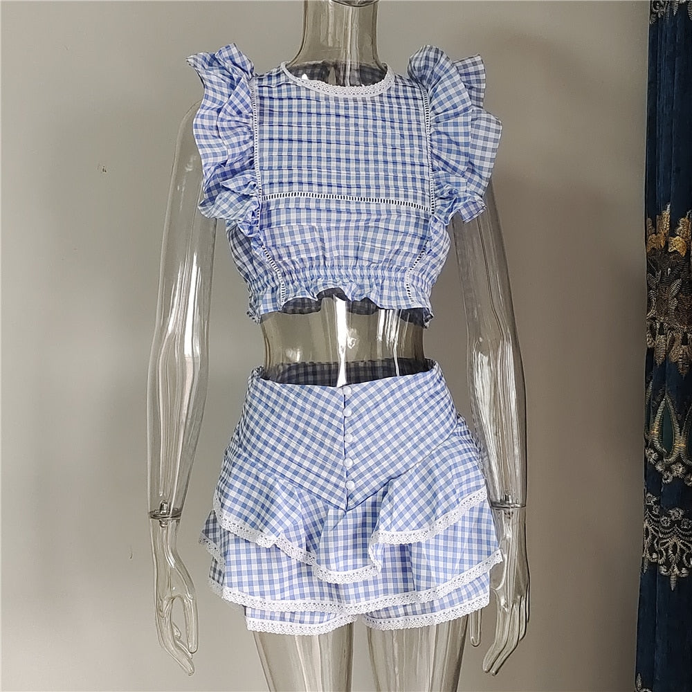 High Quality 2022 Sunday Set elastic waistband Cropped top with ruffle detail and cute ruffle mini shorts skirts - Guy Christopher 