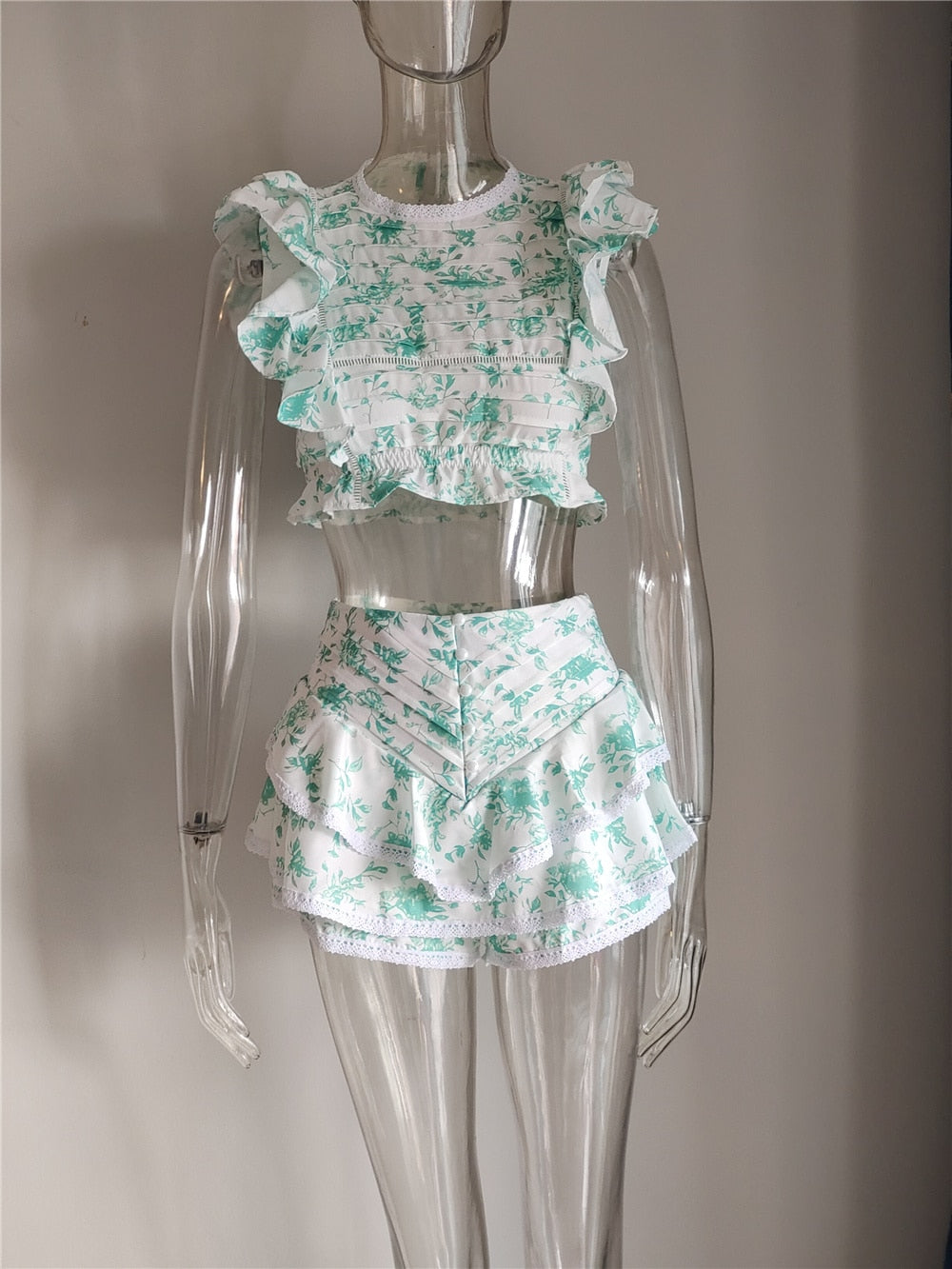 High Quality 2022 Sunday Set elastic waistband Cropped top with ruffle detail and cute ruffle mini shorts skirts - Guy Christopher 