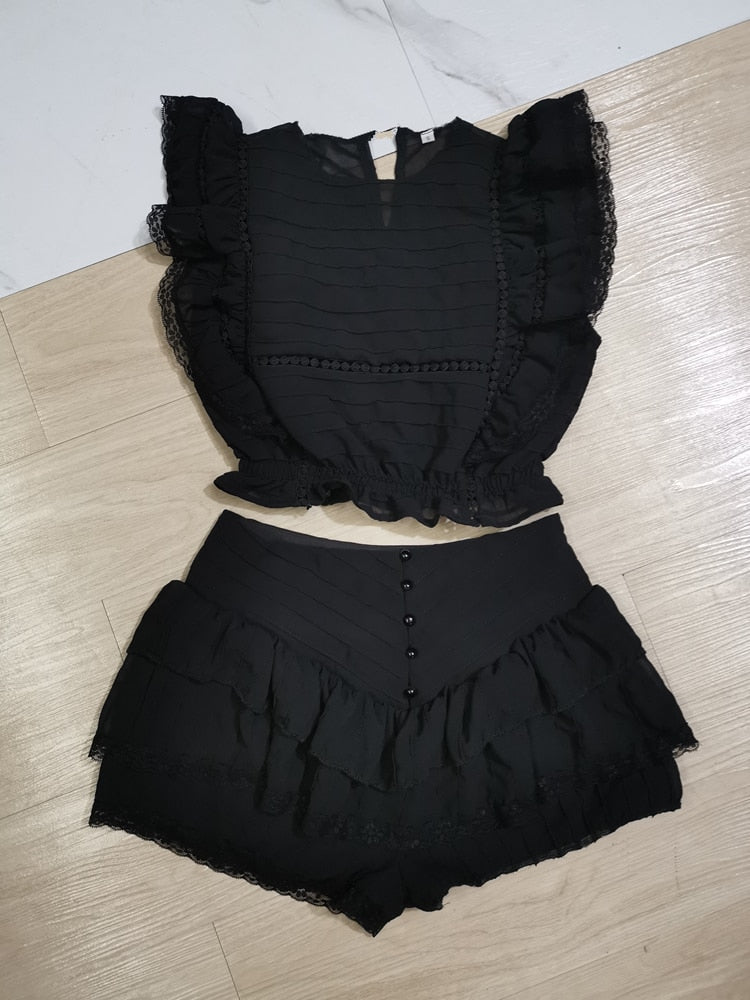 High Quality 2022 Sunday Set elastic waistband Cropped top with ruffle detail and cute ruffle mini shorts skirts - Guy Christopher 