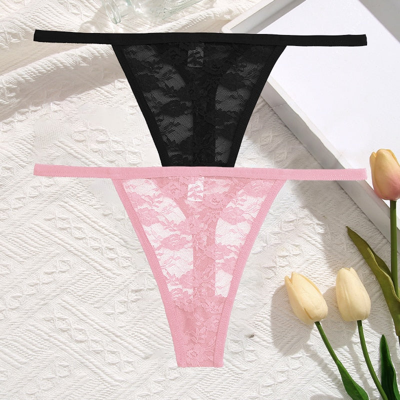 2Pcs/Set Sexy Women Lace Panties Low Waist G-String Underwear Solid Hollow Out Transparent Thong Female Soft Breathable Lingerie - Guy Christopher 