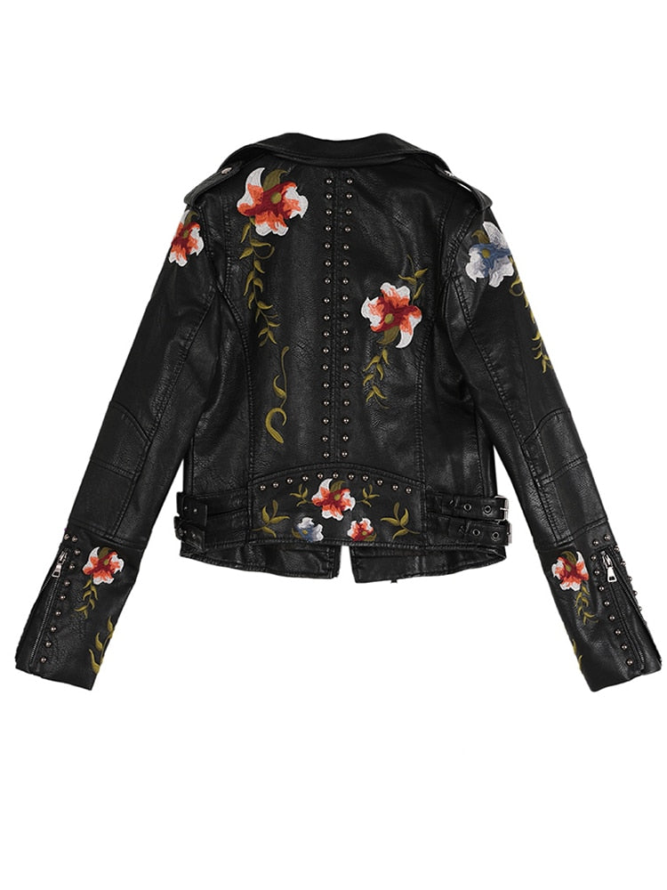 Ftlzz Women Floral Print Embroidery Faux Soft Leather Jacket Coat  Turn-down Collar Casual Pu Motorcycle Black Punk Outerwear - Guy Christopher 