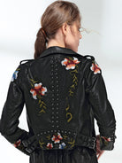 Ftlzz Women Floral Print Embroidery Faux Soft Leather Jacket Coat  Turn-down Collar Casual Pu Motorcycle Black Punk Outerwear - Guy Christopher 