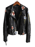 Ftlzz Women Floral Print Embroidery Faux Soft Leather Jacket Coat  Turn-down Collar Casual Pu Motorcycle Black Punk Outerwear - Guy Christopher 