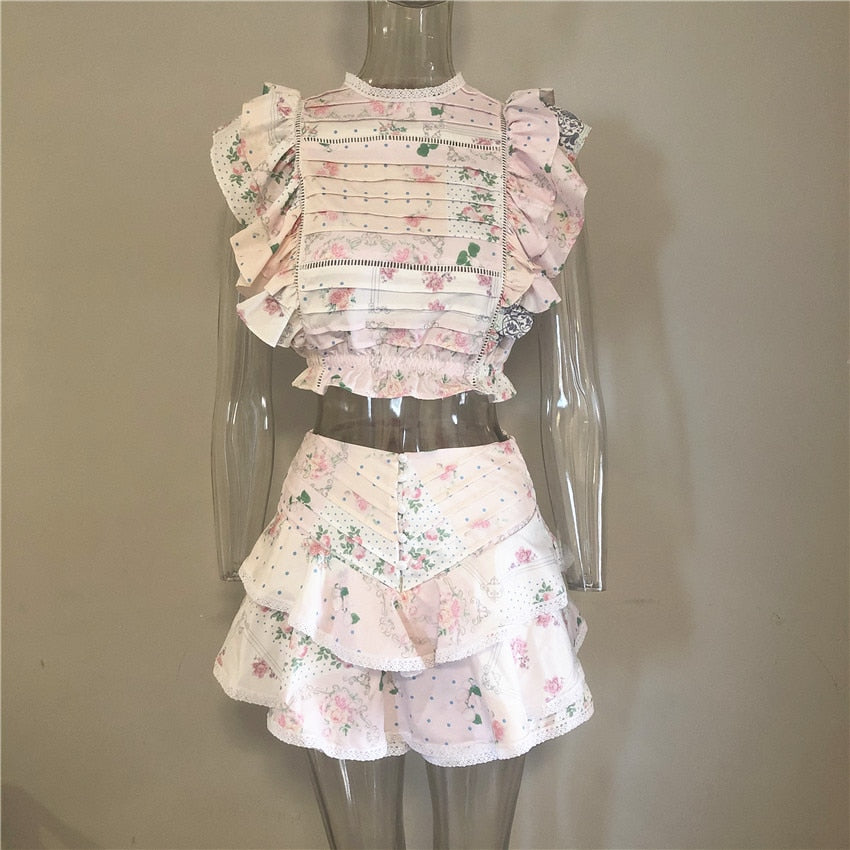 High Quality 2022 Sunday Set elastic waistband Cropped top with ruffle detail and cute ruffle mini shorts skirts - Guy Christopher 