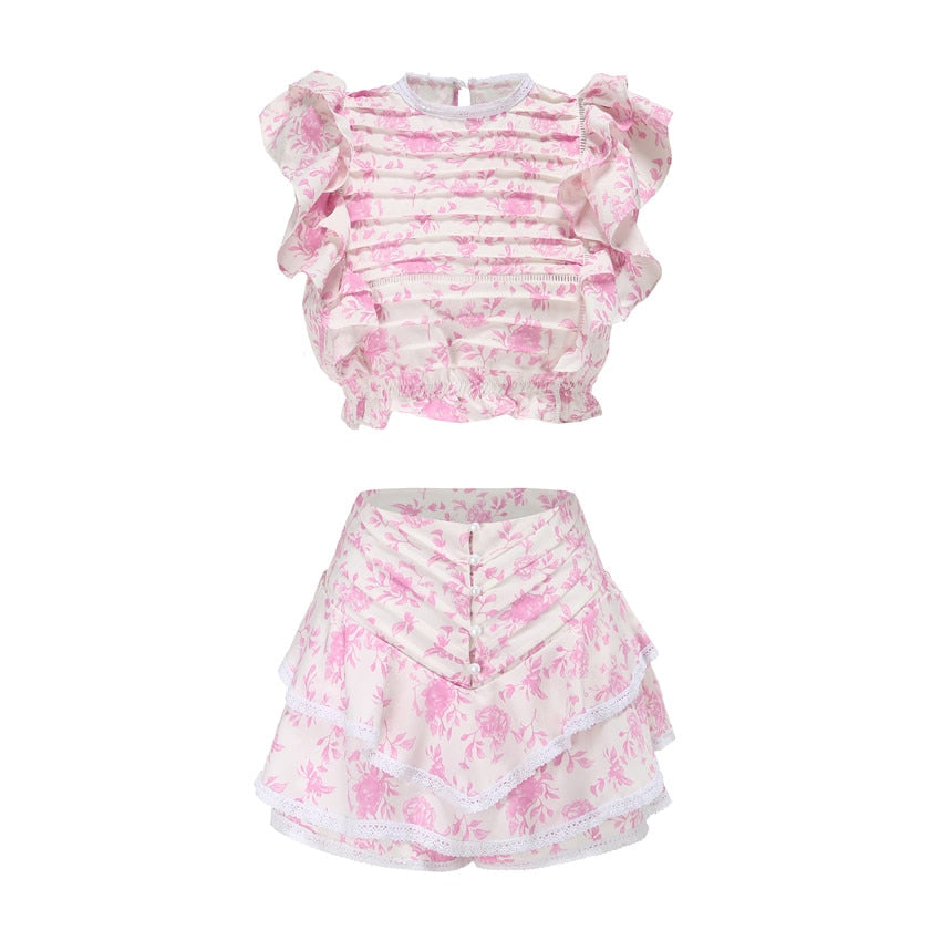 High Quality 2022 Sunday Set elastic waistband Cropped top with ruffle detail and cute ruffle mini shorts skirts - Guy Christopher 